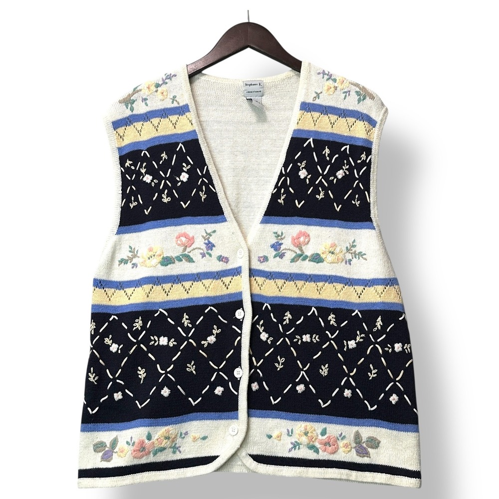 Vintage Stephanie K Knit Floral Sweater Vest Sz L Grandmacore Cottagecore Retro